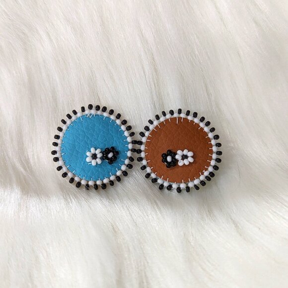 Flowers Beaded on Vegan Leather - Blue/Brown - Picture 1 of 3